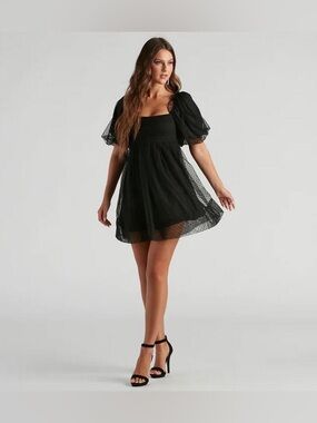 Windsor Black Mini Dress Sheer Puff Sleeves Open Back Bow Size XL